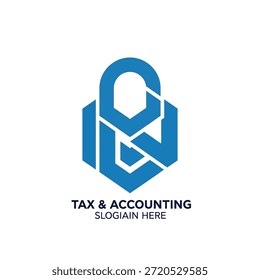 Logotipo hexagonal azul que se asemeja a un candado y Formas abstractas para negocios fiscales y contables, con espacio para eslogan sobre fondo transparente.