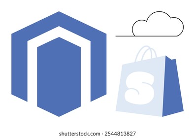 Logotipo hexagonal azul, saco de compras com S, e ícone de nuvem. Ideal para comércio eletrônico, compras on-line, tecnologia, computação em nuvem, desenvolvimento na Web, marketing digital e empresas de varejo. Design simples de vetores