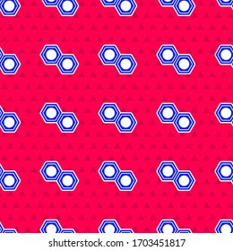 Icono de la tuerca de metal hexagonal azul aislado sin fisuras en el fondo rojo. Ilustración vectorial