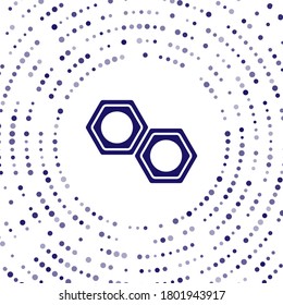 Icono de tuerca de metal hexagonal azul aislado en fondo blanco. Resumen de puntos aleatorios de círculo. Ilustración vectorial