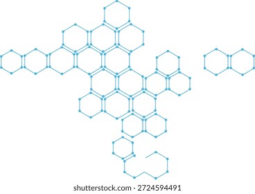 Estrutura molecular hexagonal azul com pontos conectados branco fundo ciência tecnologia