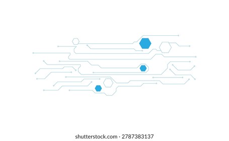 Blue hexagonal nodes connected by circuit lines on a clean white background, hexagons