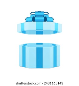 Blue hexagonal open luxury gift box with glossy bow ribbon 3d icon realistic vector illustration