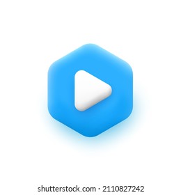 Blue Hexagonal Play Button In 3d Minimal Cartoon Style. Vector Illustration.