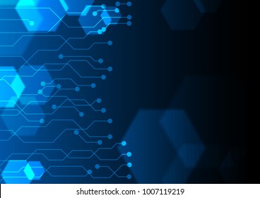Blue hexagons with circuit lines on dark background
