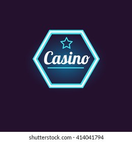 Blue Hexahedron Casino Neon Sign Las Vegas Style Illumination Bright Color Vector Design Sticker