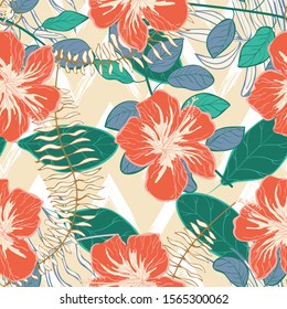 Blue Hibiscus Flower Leaves Vector Seamless Pattern. Indigo Fabric Jungle Backdrop Brazil Design. Caramel Tree Summer Illustration. Orange Palm Leaves Background