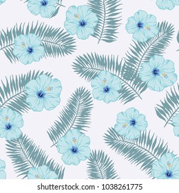 Blue hibiscus flowers and palm leaves on the white background. Vector seamless pattern. Tropical jungle illustration. Floral design print.