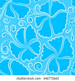 Blue hibiscus flowers seamless pattern. Vector illustration.