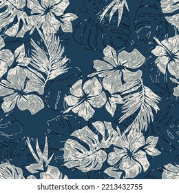 Blue hibiscus flowers tropical leaves wallpaper grunge Hawaiian style vector floral seamless pattern