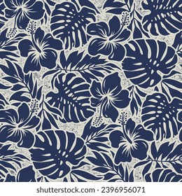 Blue hibiscus flowers with tropical leaves wallpaper vintage vector seamless pattern 