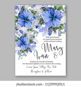 Blue hibiscus tropical flower Floral wedding invitation vector printable card template