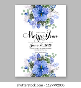 Blue hibiscus tropical flower Floral wedding invitation vector printable card template