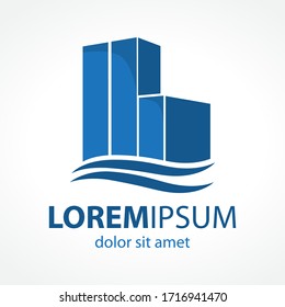blue high building and ocean waves, vector logo template