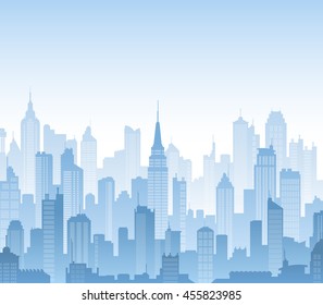 Blue high detail vector background composed of lots of illustrations of generic buildings and skyscrapers