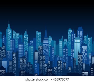 Blue high detail vector background of a city night view composed of lots of generic buildings and skyscrapers