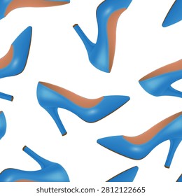 Blue High Heel Shoes Seamless Pattern Vector Illustration. Blue Stiletto Pumps Pattern. High Heels Fashion Background. Womens Shoes Repeat Print on White Background