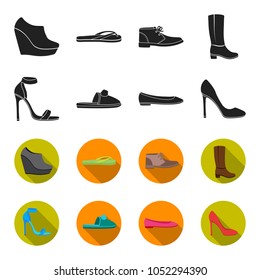 Blue high heeled sandals, homemade lilac slippers with a pampon, pink women ballet flats, brown high heeled shoes. Shoes set collection icons in black,flet style vector symbol stock illustration web.