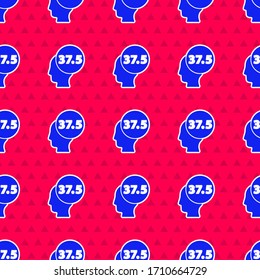 Azul Alta temperatura corporal humana o tener un icono de fiebre aislado sin fisuras en el fondo rojo. Enfermedad, frío, síntoma de gripe. Ilustración vectorial