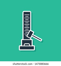 Blue High striker attraction with big hammer icon isolated on green background. Attraction for measuring strength. Amusement park.  Vector Illustration