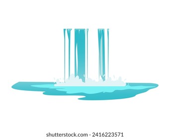 Estilo plano de cascada alto azul, ilustración vectorial aislada en fondo blanco. Elemento de diseño decorativo, flujo de agua, naturaleza y vida silvestre, espuma y flujo