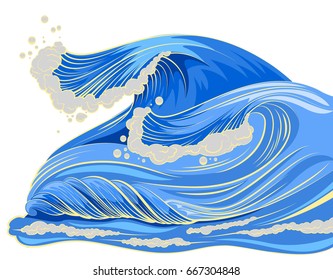 Blue high wave with white foam cap. Isolated vector cartoon illustration