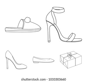 Blue high-heeled sandals, homemade lilac slippers with a pampon, pink women's ballet flats, brown high-heeled shoes. Shoes set collection icons in outline style vector symbol stock illustration web.