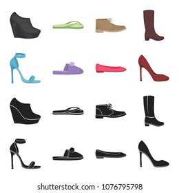 Blue high-heeled sandals, homemade lilac slippers with a pampon, pink women ballet flats, brown high-heeled shoes. Shoes set collection icons in black,cartoon style vector symbol stock illustration