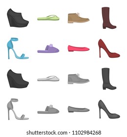 Blue high-heeled sandals, homemade lilac slippers with a pampon, pink women ballet flats, brown high-heeled shoes. Shoes set collection icons in cartoon,monochrome style vector symbol stock
