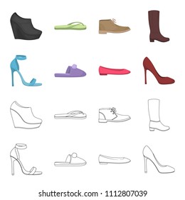 Blue high-heeled sandals, homemade lilac slippers with a pampon, pink women's ballet flats, brown high-heeled shoes. Shoes set collection icons in cartoon,outline style vector symbol stock