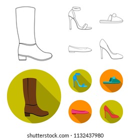 Blue high-heeled sandals, homemade lilac slippers with a pampon, pink women ballet flats, brown high-heeled shoes. Shoes set collection icons in outline,flat style vector symbol stock illustration web