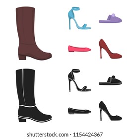 Blue high-heeled sandals, homemade lilac slippers with a pampon, pink women ballet flats, brown high-heeled shoes. Shoes set collection icons in cartoon,black style vector symbol stock illustration