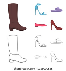 Blue high-heeled sandals, homemade lilac slippers with a pampon, pink women ballet flats, brown high-heeled shoes. Shoes set collection icons in cartoon,outline style vector symbol stock illustration