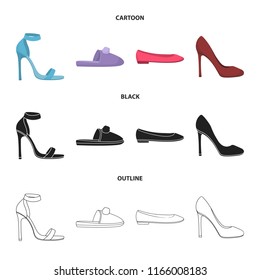 Blue high-heeled sandals, homemade lilac slippers with a pampon, pink women ballet flats, brown high-heeled shoes. Shoes set collection icons in cartoon,black,outline style vector symbol stock