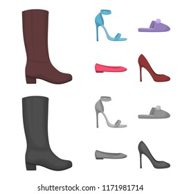Blue high-heeled sandals, homemade lilac slippers with a pampon, pink women s ballet flats, brown high-heeled shoes. Shoes set collection icons in cartoon,monochrome style vector symbol stock