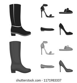 Blue high-heeled sandals, homemade lilac slippers with a pampon, pink women s ballet flats, brown high-heeled shoes. Shoes set collection icons in black,monochrome style vector symbol stock