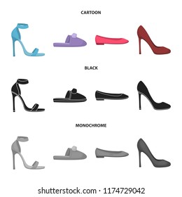 Blue high-heeled sandals, homemade lilac slippers with a pampon, pink women's ballet flats, brown high-heeled shoes. Shoes set collection icons in cartoon,black,monochrome style vector symbol stock