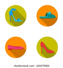 Blue high-heeled sandals, homemade lilac slippers with a pampon, pink women s ballet flats, brown high-heeled shoes. Shoes set collection icons in flat style vector symbol stock illustration web.