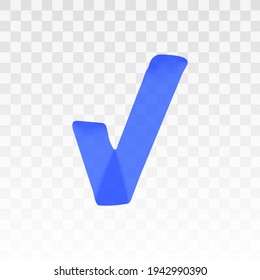 Blue highlighter check mark isolated on transparent background. Marker pen highlight underline stroke. Vector hand drawn graphic stylish element