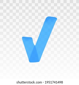 Blue highlighter check mark isolated on transparent background. Marker pen highlight underline stroke. Vector hand drawn graphic stylish element