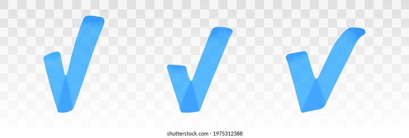 Blue highlighter check mark set isolated on transparent background. Marker pen highlight underline strokes. Vector hand drawn graphic stylish element