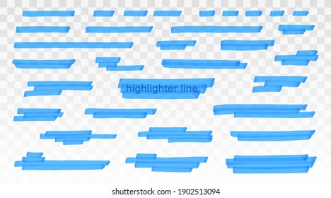 Blue highlighter lines set isolated on transparent background. Marker pen highlight underline strokes. Vector hand drawn graphic stylish element