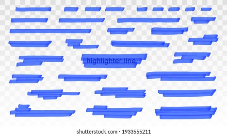 Blue highlighter lines set isolated on transparent background. Marker pen highlight underline strokes. Vector hand drawn graphic stylish element