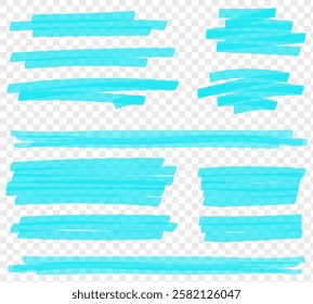 Blue highlighter set - lines, arrows, crosses, check, oval, rectangle isolated on transparent background. Marker pen highlight underline strokes. Vector hand drawn graphic stylish element