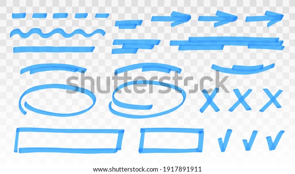 Blue\
highlighter set - lines, arrows, crosses, check, oval, rectangle\
isolated on transparent background. Marker pen highlight underline\
strokes. Vector hand drawn graphic stylish\
element