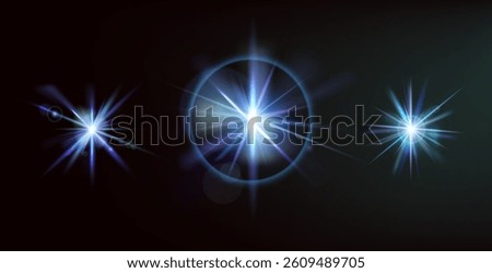 Blue highlights on a dark background. Glowing stars effect. Set of sparkling blinks with circular reflection. Vector collection of bling sequins. Night shimmer and twinkle with bright beams.