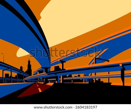Blue highway overpass with black shadows and city skyline in orange sunset light. Modern urban life conceptual vector illustration in flat style. NOT AI generated