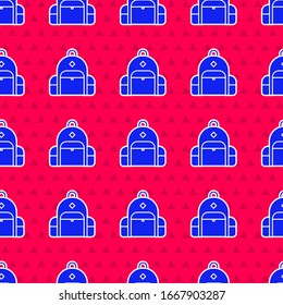 Icono de la mochila Blue Hiking aislado sin fisuras en el fondo rojo. Camping y mochila de exploración de montaña. Ilustración vectorial
