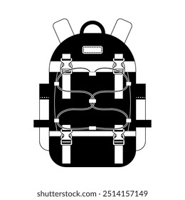 Mochila de senderismo azul aislada sobre fondo blanco, estilo monocromo, Ilustración vectorial de equipo de camping