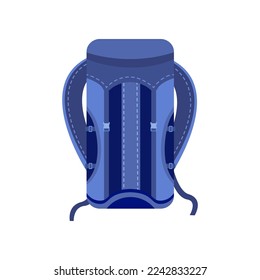 Blauer WanderRucksack für Cartoon-Illustrationen auf Bergtouren. Farbenfrohe Rucksack für Reise, Ausflug, Abenteuer und Reisen einzeln auf weißem Hintergrund. Gepäck, Carryon-Konzept